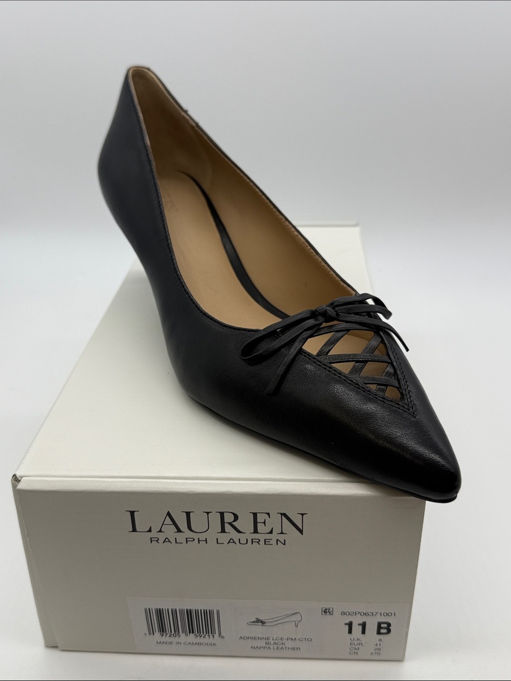 Lauren Ralph Lauren Black Leather Pointed-Toe Pump with Lace-Up Detail